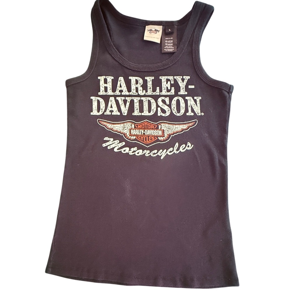 Harley-Davidson Womens L Black Ribbed Tank Top Winged Logo USA 99150-14VW